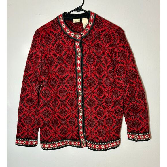 Vtg L.L. Bean Womens Lg 100% Merino Wool Scandinavian Cardigan Red Heavy Sweater - Picture 2 of 11